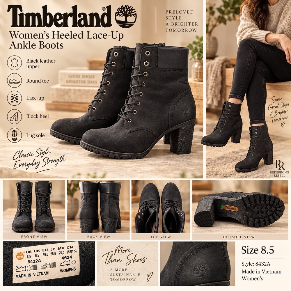 Timberland 8432A Womens Black Leather Heeled Lace Up Ankle Boots Size 8.5